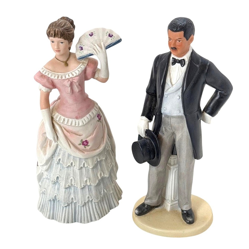 Vintage Homco Victorian Gentleman 1440 & Lady 1441 Bisque Porcelain Figurines 8"